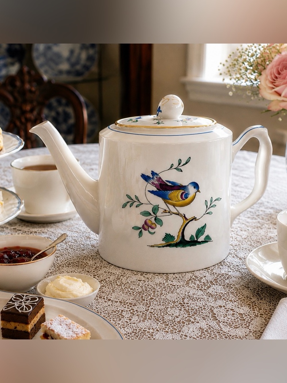 Spode Queen’s Bird Teapot w Lid England Raised Detail Blue Gold